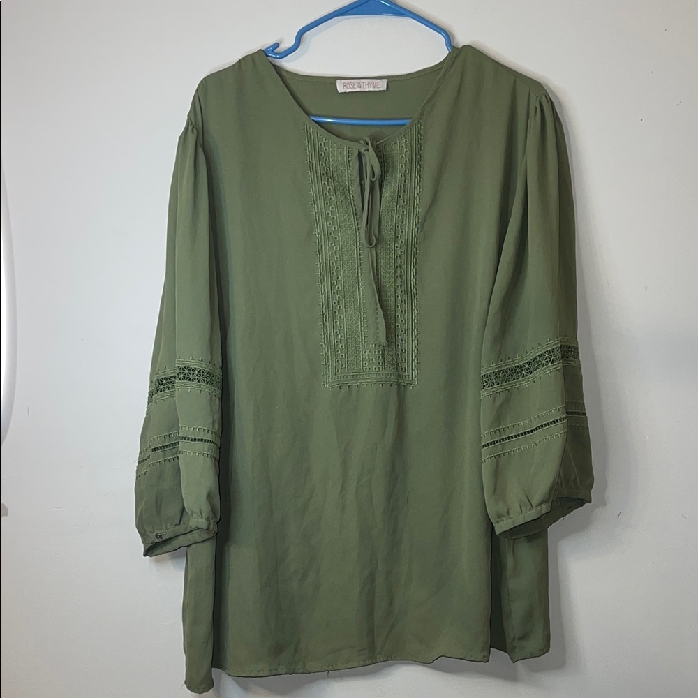 Rose & Thyme Olive Green Blouse Lace Detail Size 2X EUC #326